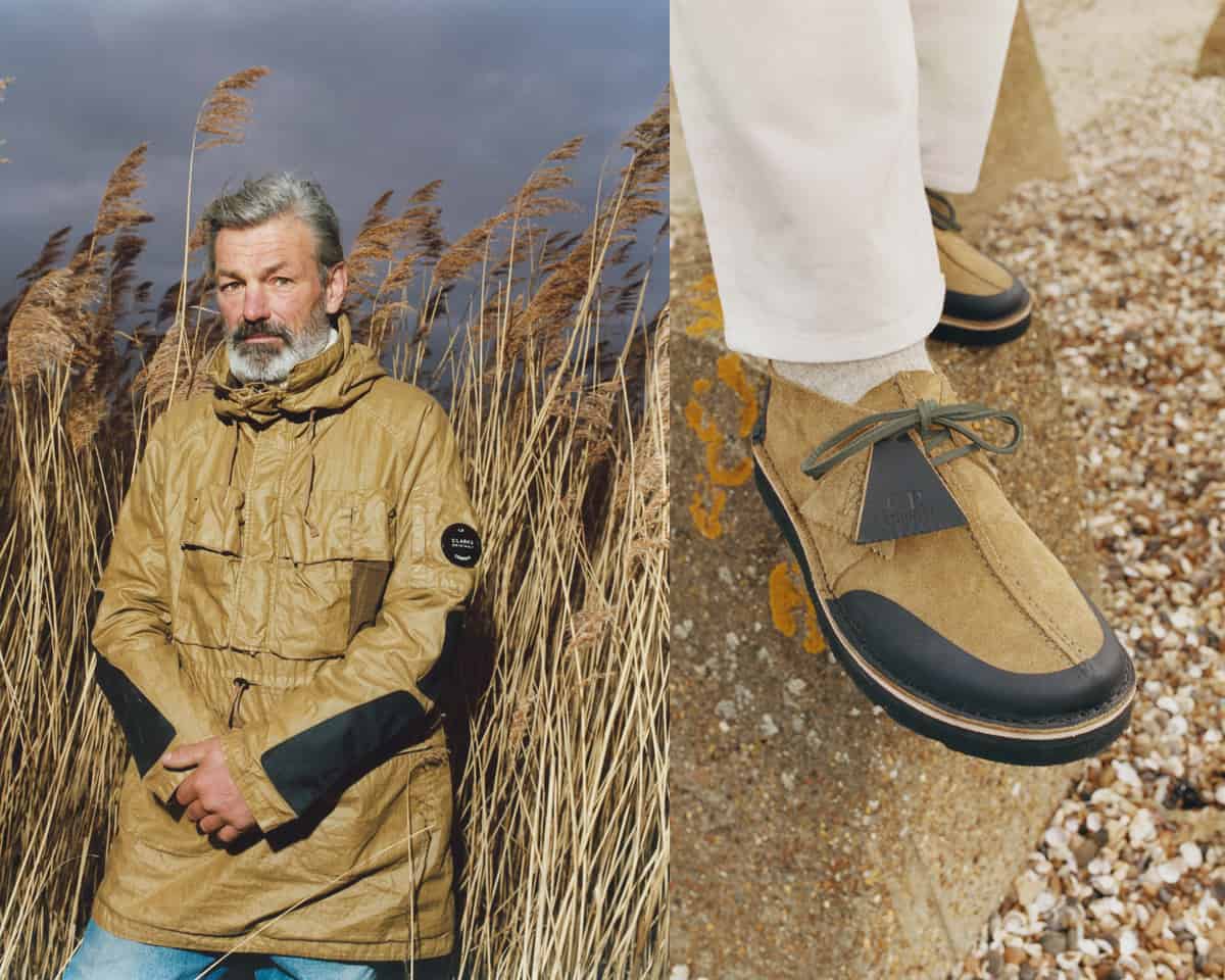 The Clarks X CP Company Collaboration includes earth-toned outerwear and shoes.