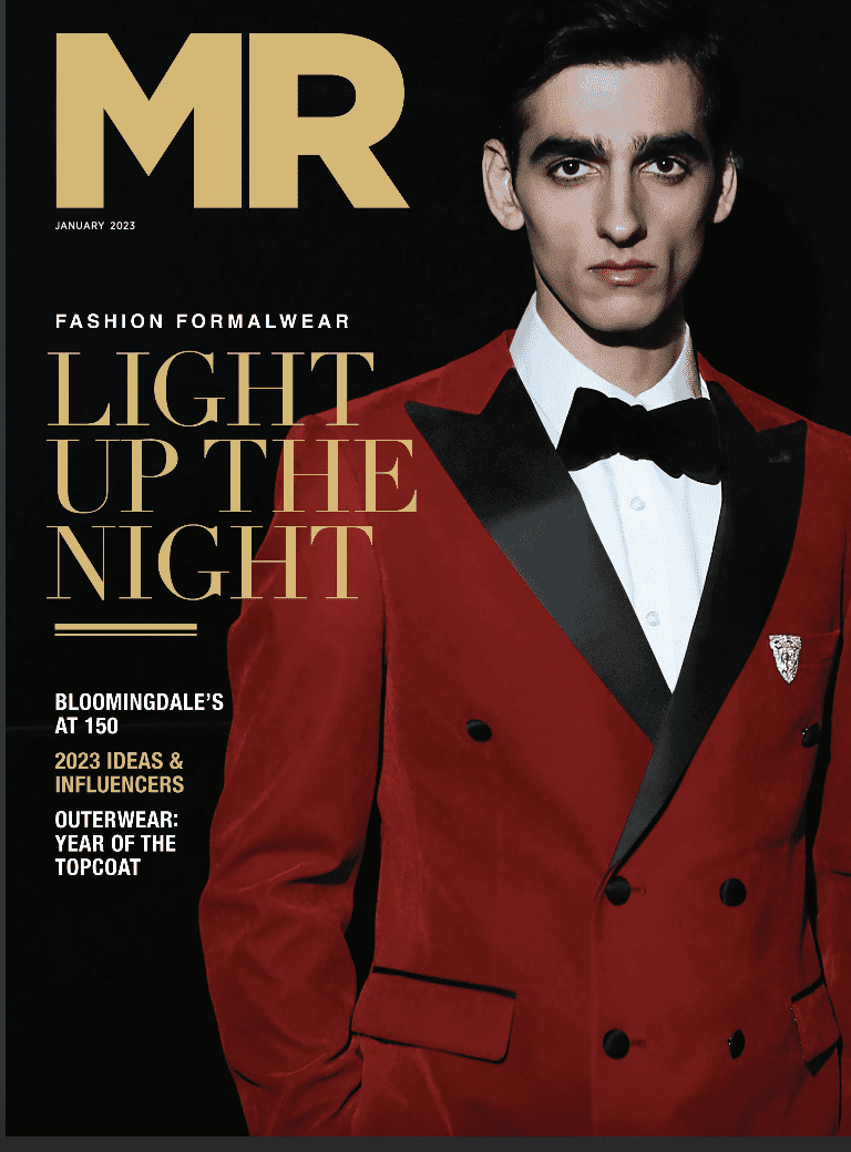 Model wearing red velvet tuxedo jacket on the cover of MR Magazine's January 2023 issue.